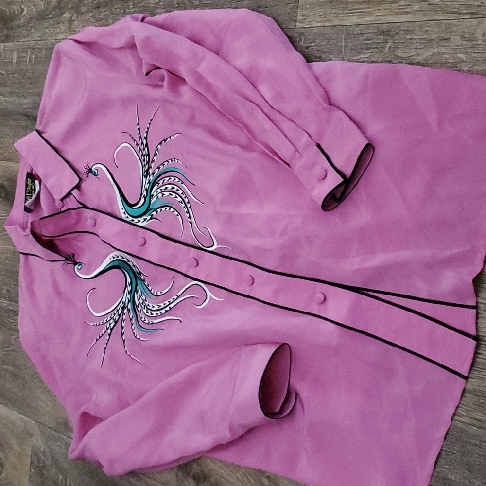 Bob Mackie Silk Button Down Purple Peacock Embroidered Tunic Shirt Sz L